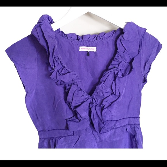 REBECCA TAYLOR V Cut Cocktail Dress With Ruffle Detail & Cap Sleeves Purple Sz 2 - Picture 8 of 12